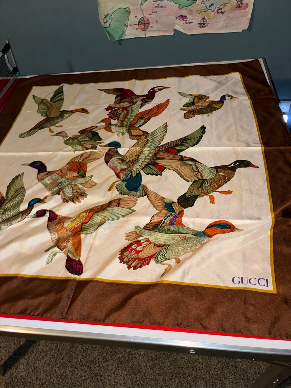 Gucci Multicolor Duck Flight Silk Scarf with Brown Border